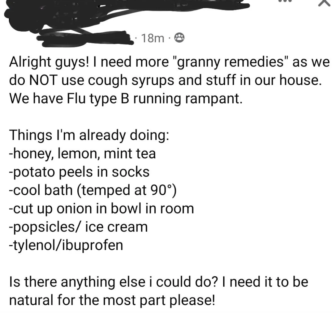 Person wants more natural &quot;granny remedies&quot; for flu and lists home remedies they&#x27;re already using, including honey, lemon, mint tea, cut-up onion, a cool bath, Tylenol/ibuprofen, and ice cream