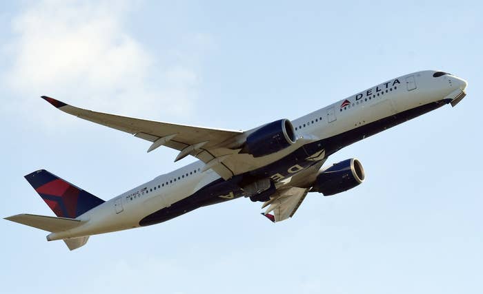 Delta Air Lines aircraft mid-flight against sky
