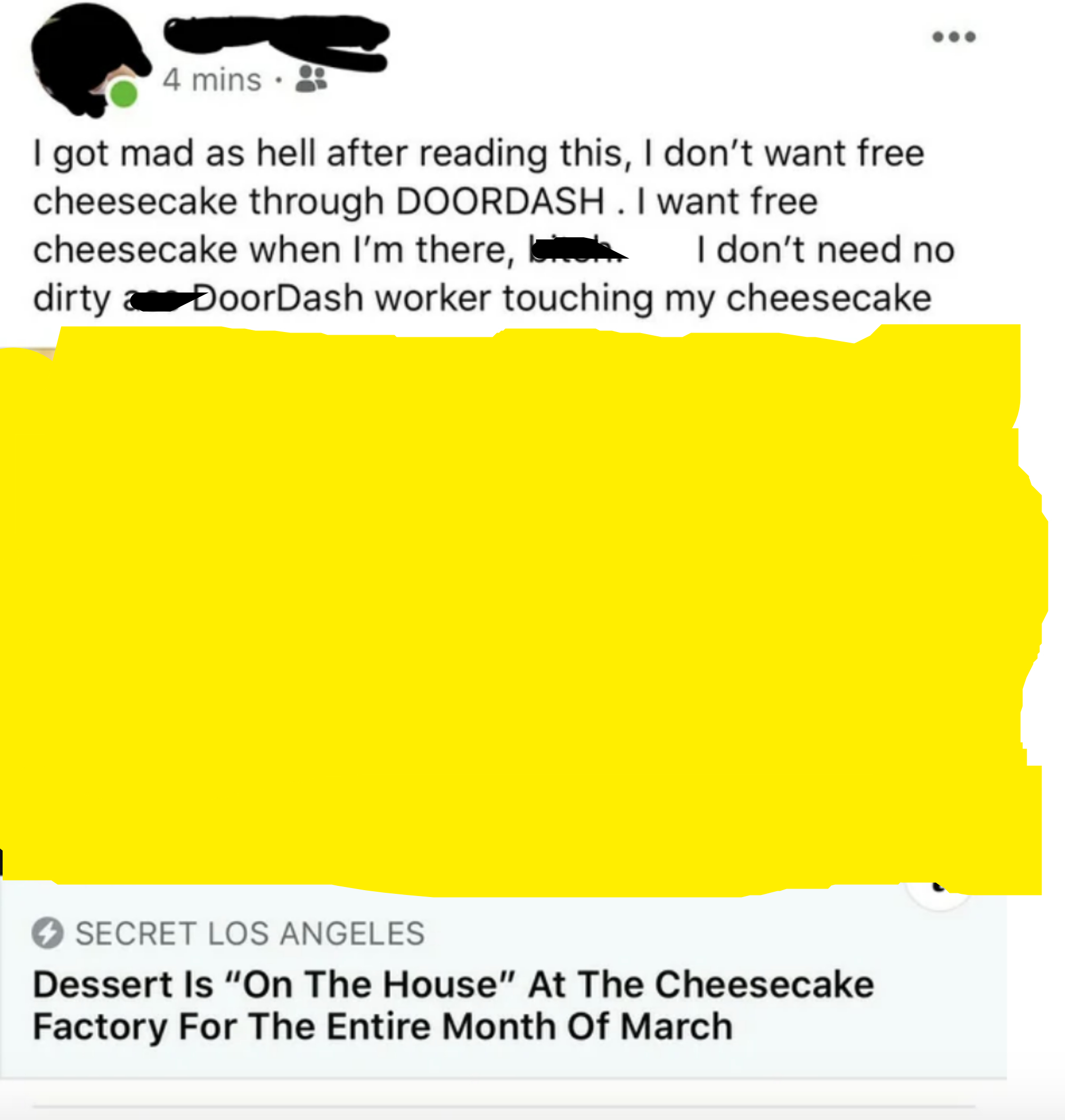 A person saying they want to just get free cheesecake, not be forced to use DoorDash to get it