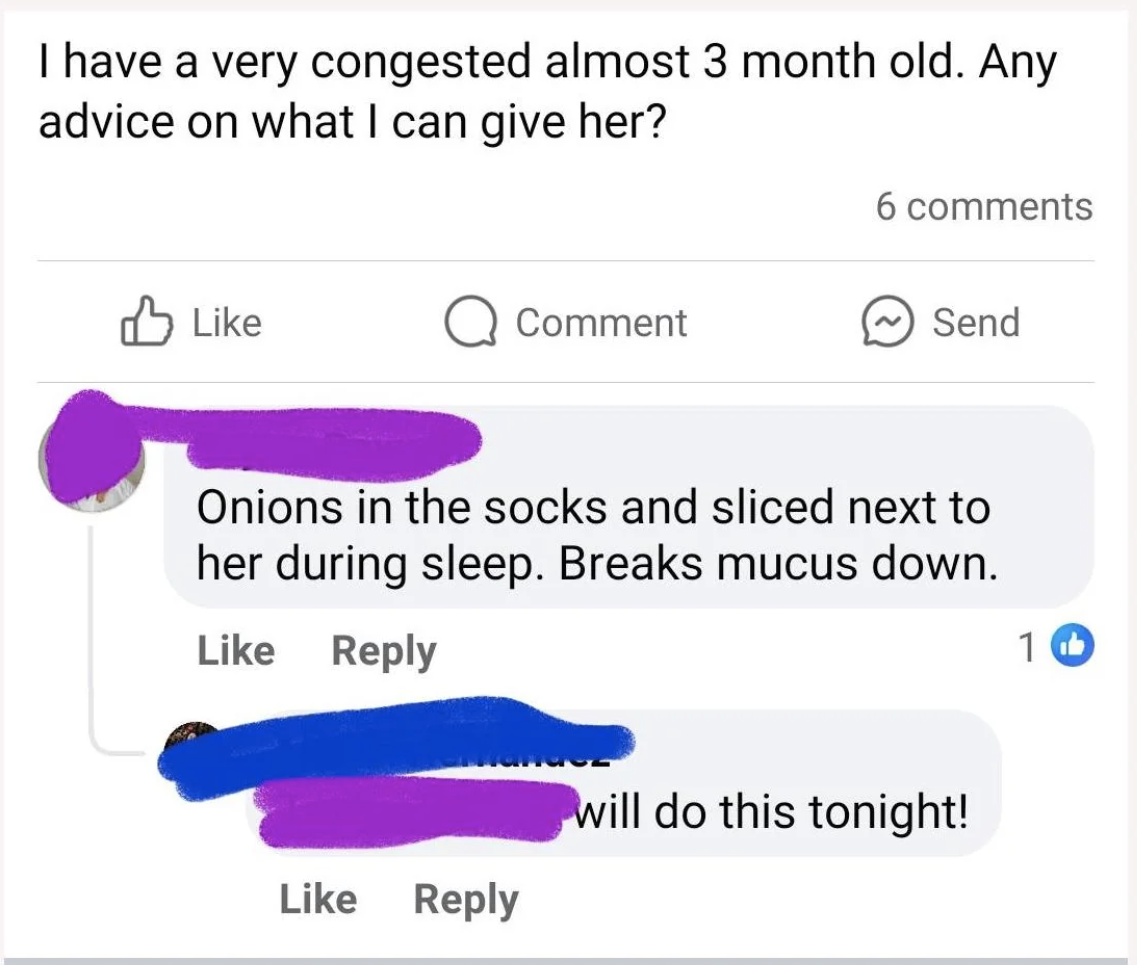 A social media post asking for advice on a congested 3-month-old, with a reply suggesting &quot;onions in the socks and sliced next to her during sleep&quot; to break down mucus