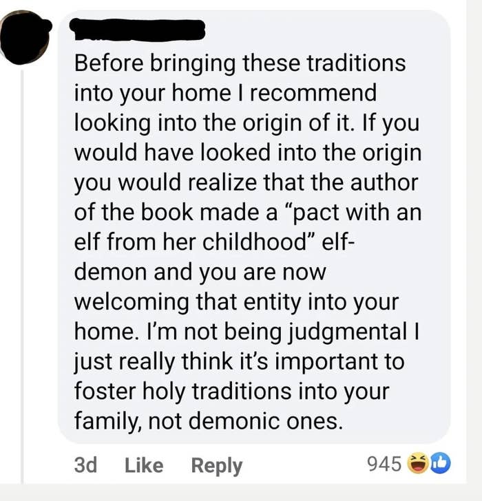 Social media comment about fostering holy traditions and not demonic ones, found in a book by someone who &quot;made a pact with an elf-demon&quot;