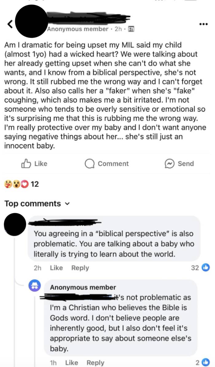 Text summary: A Facebook post discusses a member&#x27;s upset feelings when their MIL criticized their 1yo child&#x27;s behavior and said she has a &quot;wicked heart&quot;; commenters weigh in, discussing biblical sayings and personal beliefs