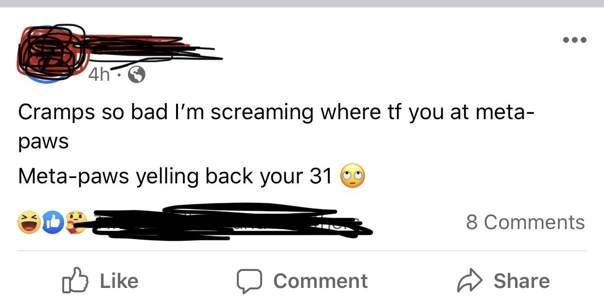 A screenshot of a social media post about someone experiencing severe cramps and jokingly calling for &quot;meta-paws,&quot; with humorous response: &quot;Meta-paws yelling back your 31&quot;