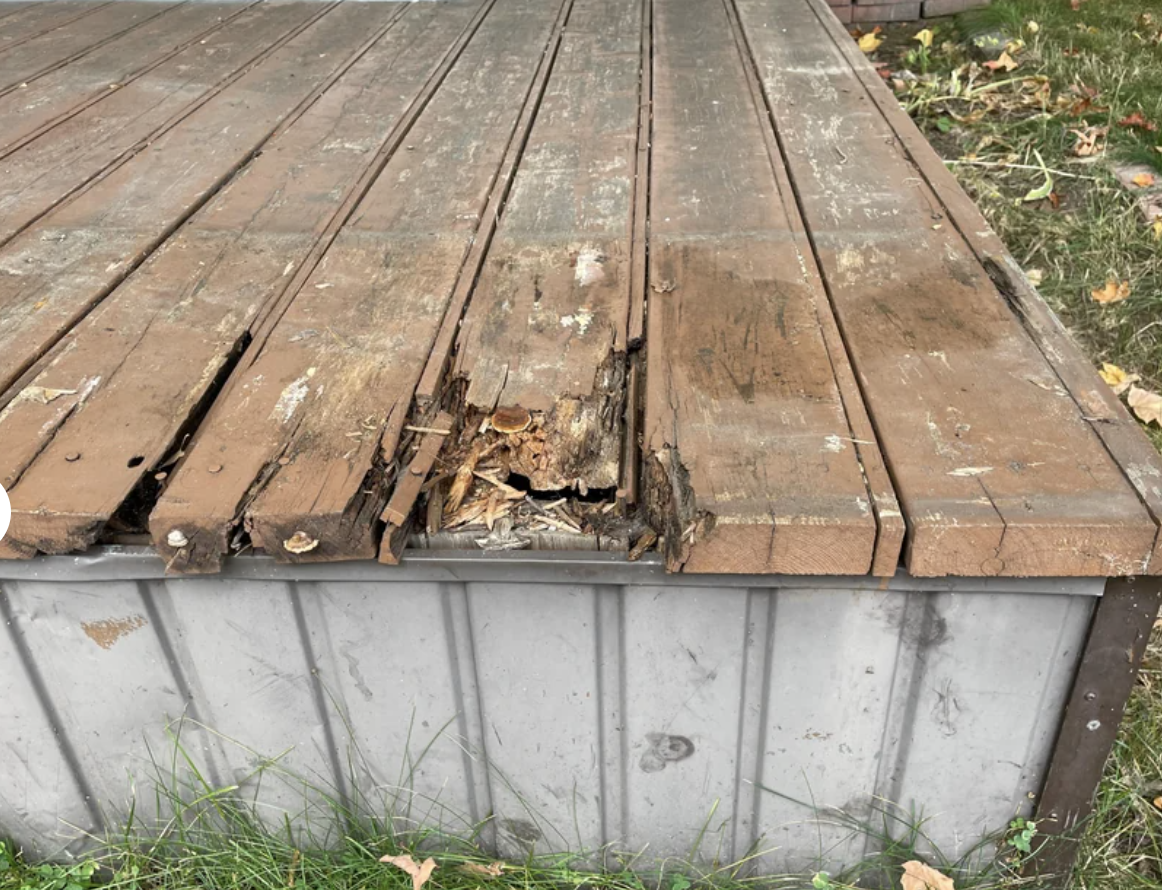 Wooden deck with worn planks and screws visible, in need of repair
