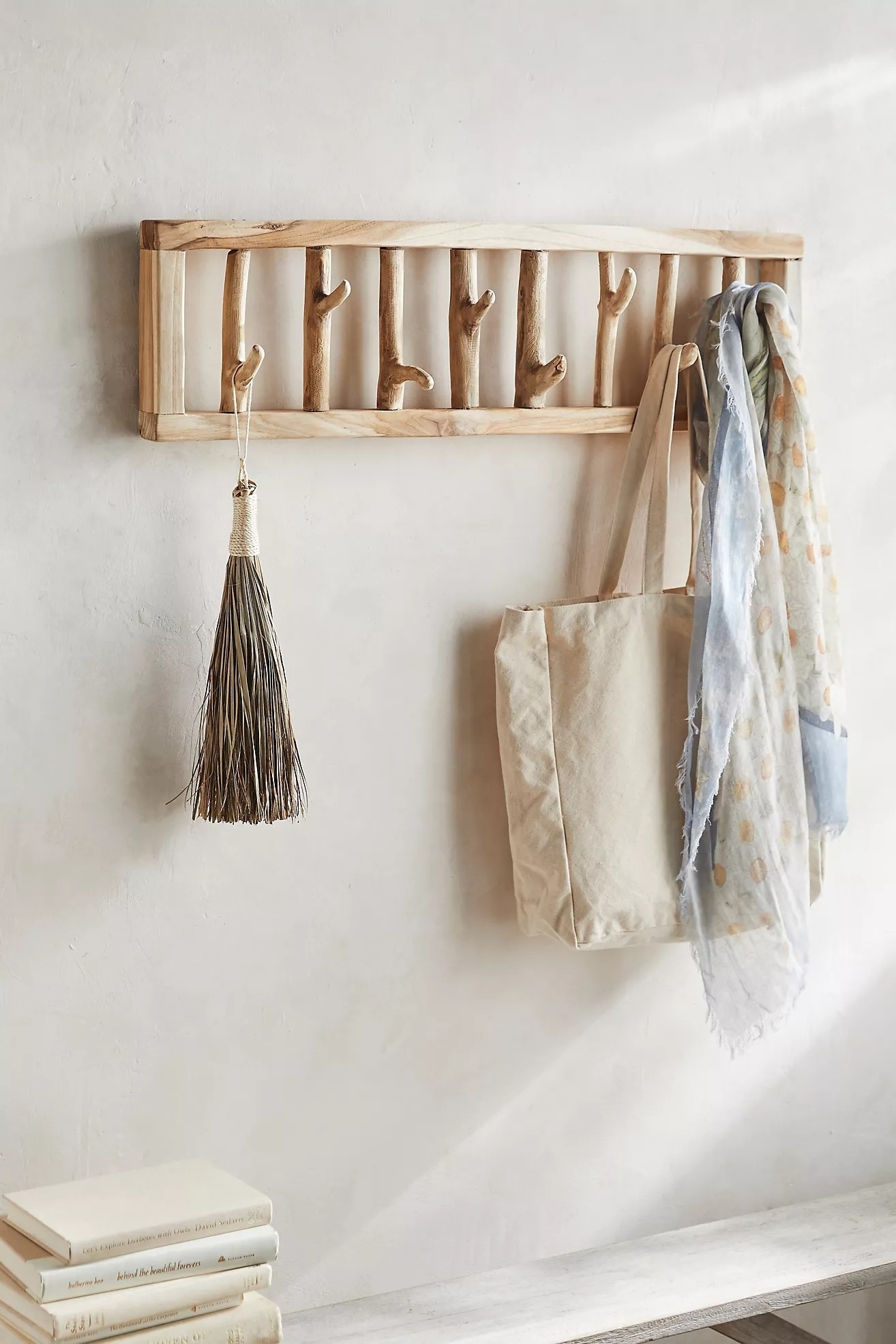 A mounted wall hook rack with accessories