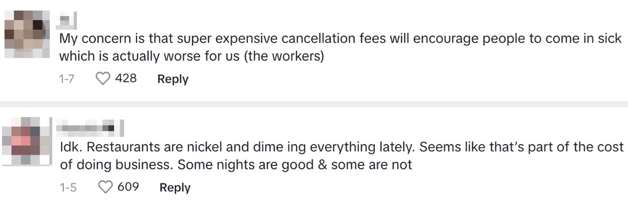 Comments on a post discussing the impact of cancellation fees in the restaurant industry, including &quot;My concern is that super expensive cancellation fees will encourage people to come in sick which is actually worse for us (the workers)&quot;