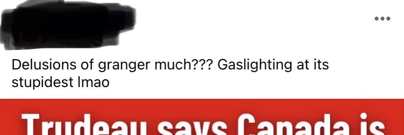 Screenshot of a headline, &quot;Trudeau says Canada is...&quot; followed by social media comment: &quot;Delusions of granger much?? Gaslighting at its stupidest lmao&quot;
