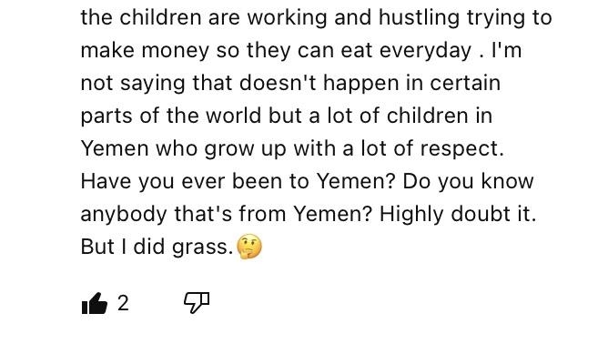 Text from an online comment discussing children in Yemen, questioning the reader&#x27;s knowledge about Yemen and then saying &quot;but I did grass&quot; instead of &quot;but I digress&quot;