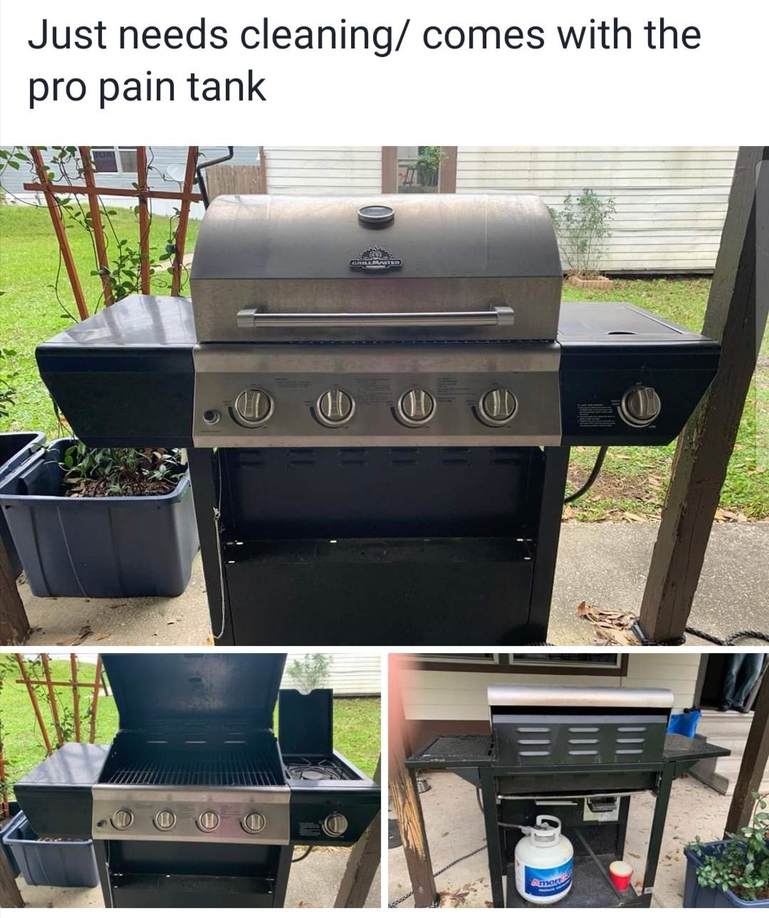 Stainless steel gas grill on a deck with cleaning products; caption mentions it needs cleaning and comes with a &quot;pro pain tank&quot;