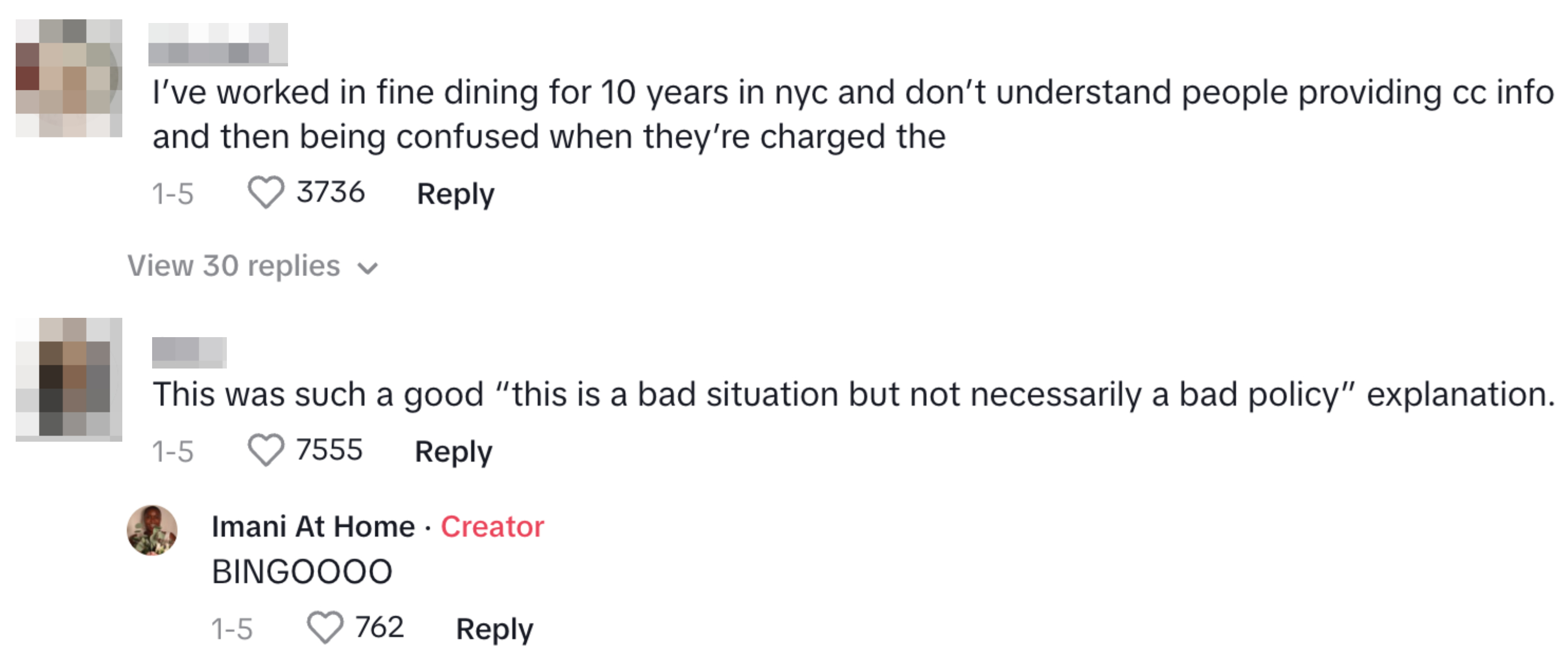 Three social media comments discussing dining experiences and policies, including &quot;I&#x27;ve worked in fine dining for 10 years in nyc and don&#x27;t understand people providing cc info and then being confused when they&#x27;re charged&quot;