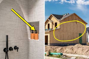 arrowing pointing to shower niche and a circle around a side of a new-build house with no windows