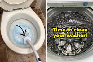 a toilet being cleaned with a Clorox toilet wand; a clean washing machine and text that reads time to clean your washer
