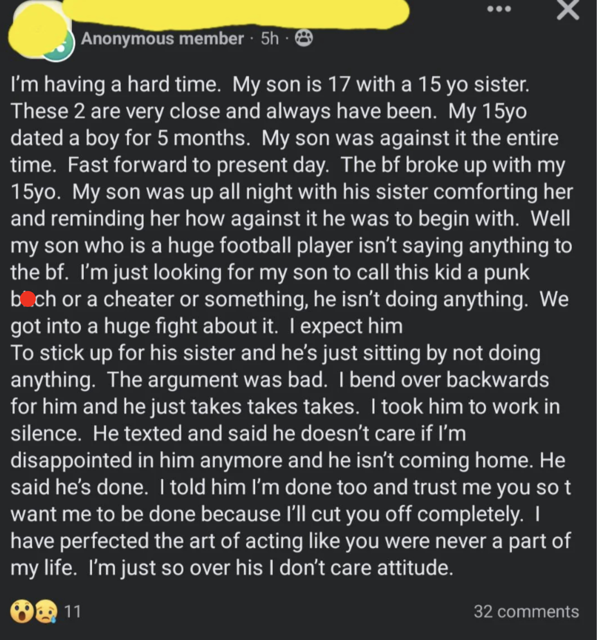 Parent argued with their 17-year-old son, who is &quot;a huge football player,&quot; for not &quot;sticking up&quot; for his 15-year-old sister by calling the guy who broke up with her &quot;a punk bitch,&quot; and now the parent is cutting him off completely