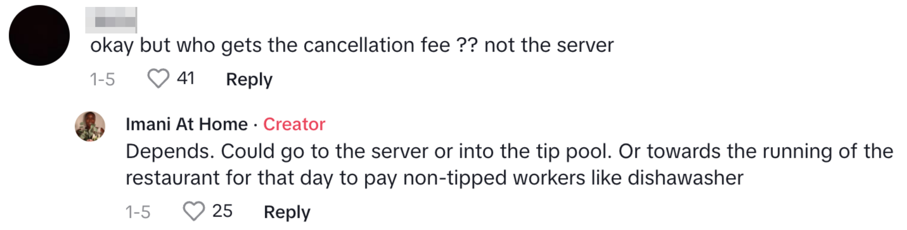 Comment thread discussing who should get a cancellation fee at a restaurant, either the server or non-tipped staff