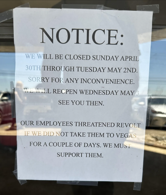 Sign on door announcing closure from April 30th to May 2nd, supporting employees' collective time off, reopening May 3rd