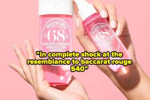 fragrance mist with text "in complete shock at the resemblance to baccarat rouge 540"