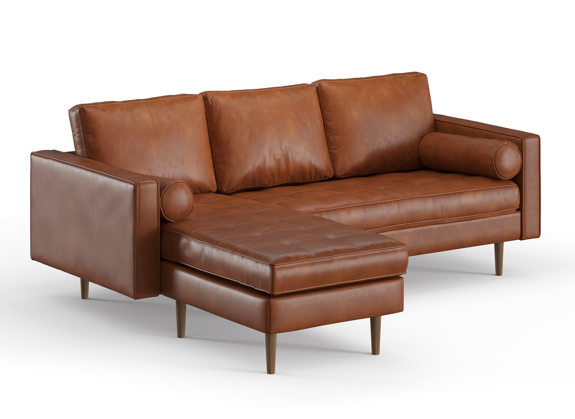 A brown faux leather sectional