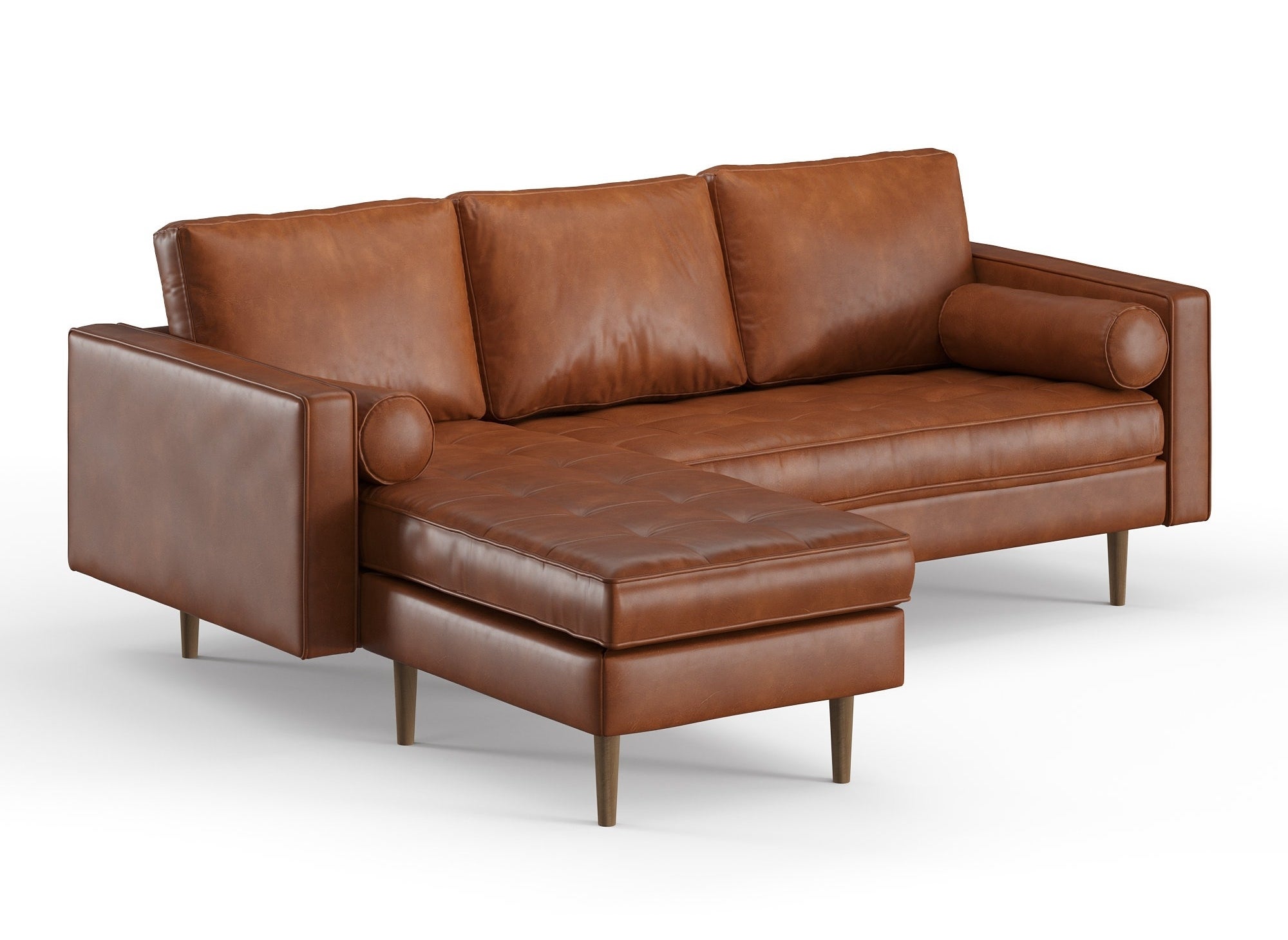 A brown faux leather sectional