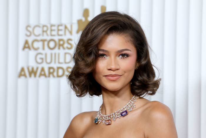 Zendaya in a strapless top with a sparkling necklace, at the Screen Actors Guild Awards