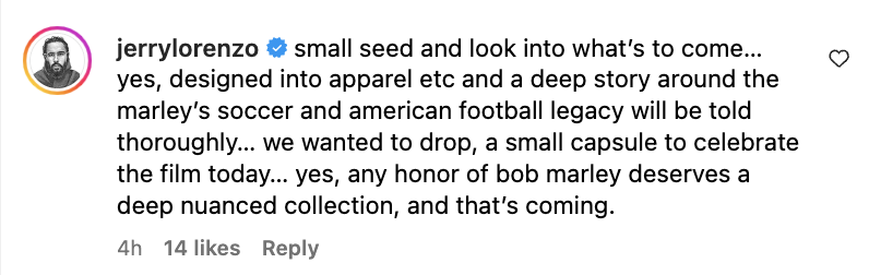 Instagram post by user jerrylorenzo discussing upcoming apparel capsule celebrating soccer and American football, hinting at a deeper Bob Marley collection