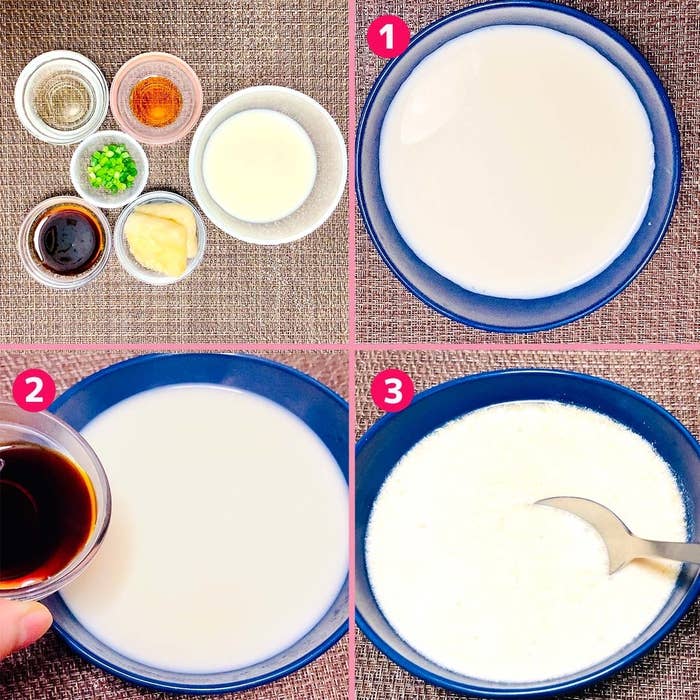 材料の写真と牛乳を入れたボウルに調味料を加え、混ぜ合わせる工程を示しています。