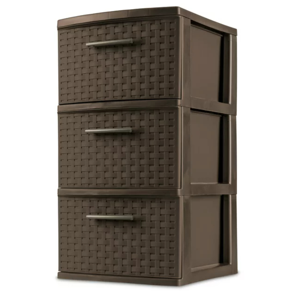 Three-drawer plastic storage unit with a woven design