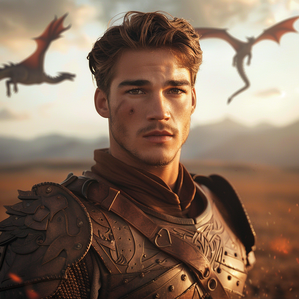 A handsome man with brown hair and eyes in leather armor with dragons flying in the background