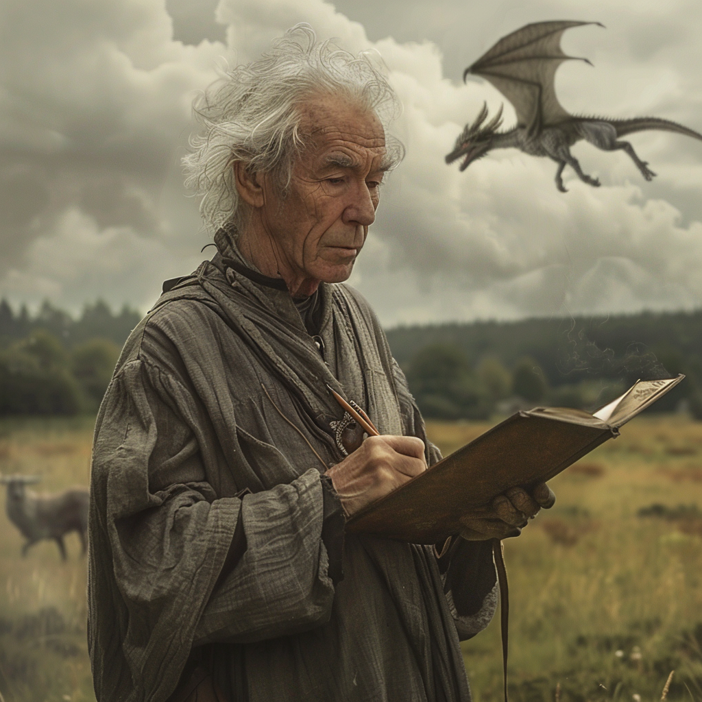 An elderly man in medieval clothing writes in a book; a dragon flies in the background