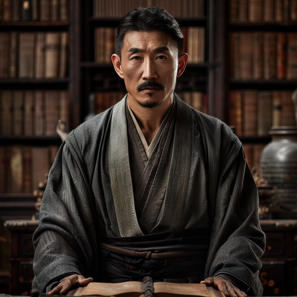 A man in grey robes sitting in a historical library setting with a book