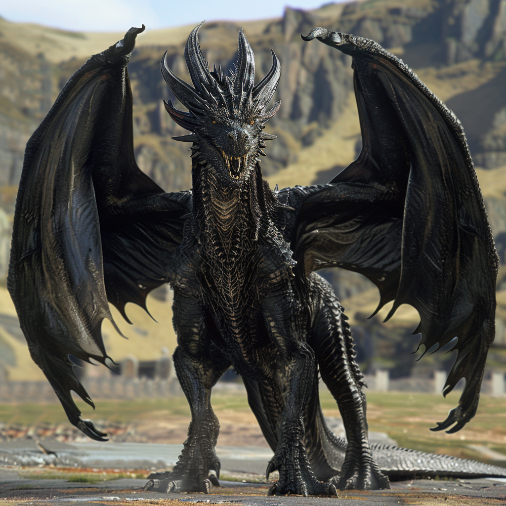 A large black dragon with wings spread and a mountainous backdrop