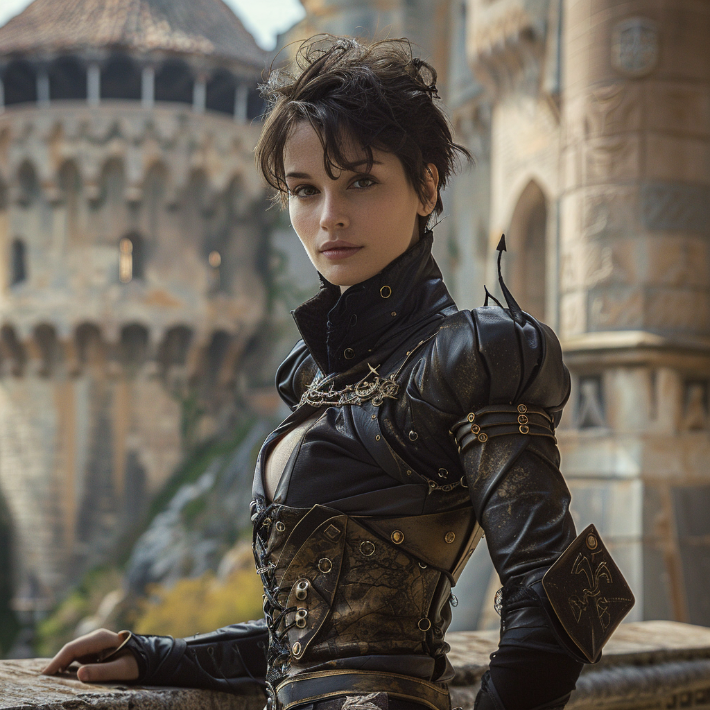 A smiling woman with short dark hair posing confidently in leather armor