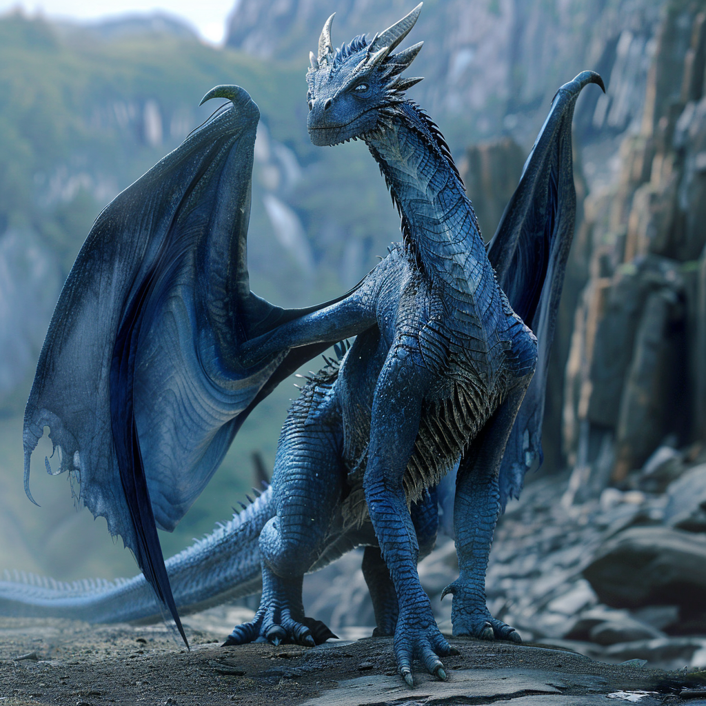 A blue dragon with large wings and spikes standing in a rocky landscape