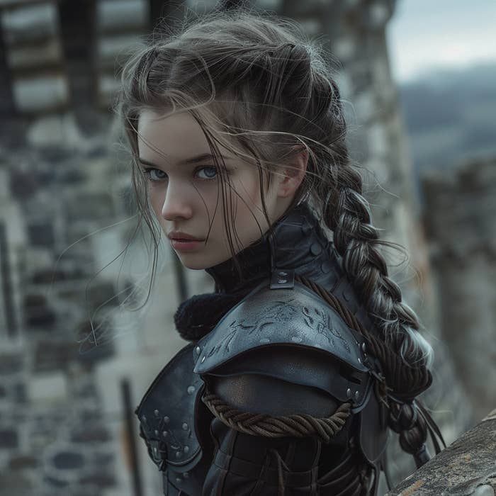 Woman in leather armor with braided hair, standing on a castle parapet