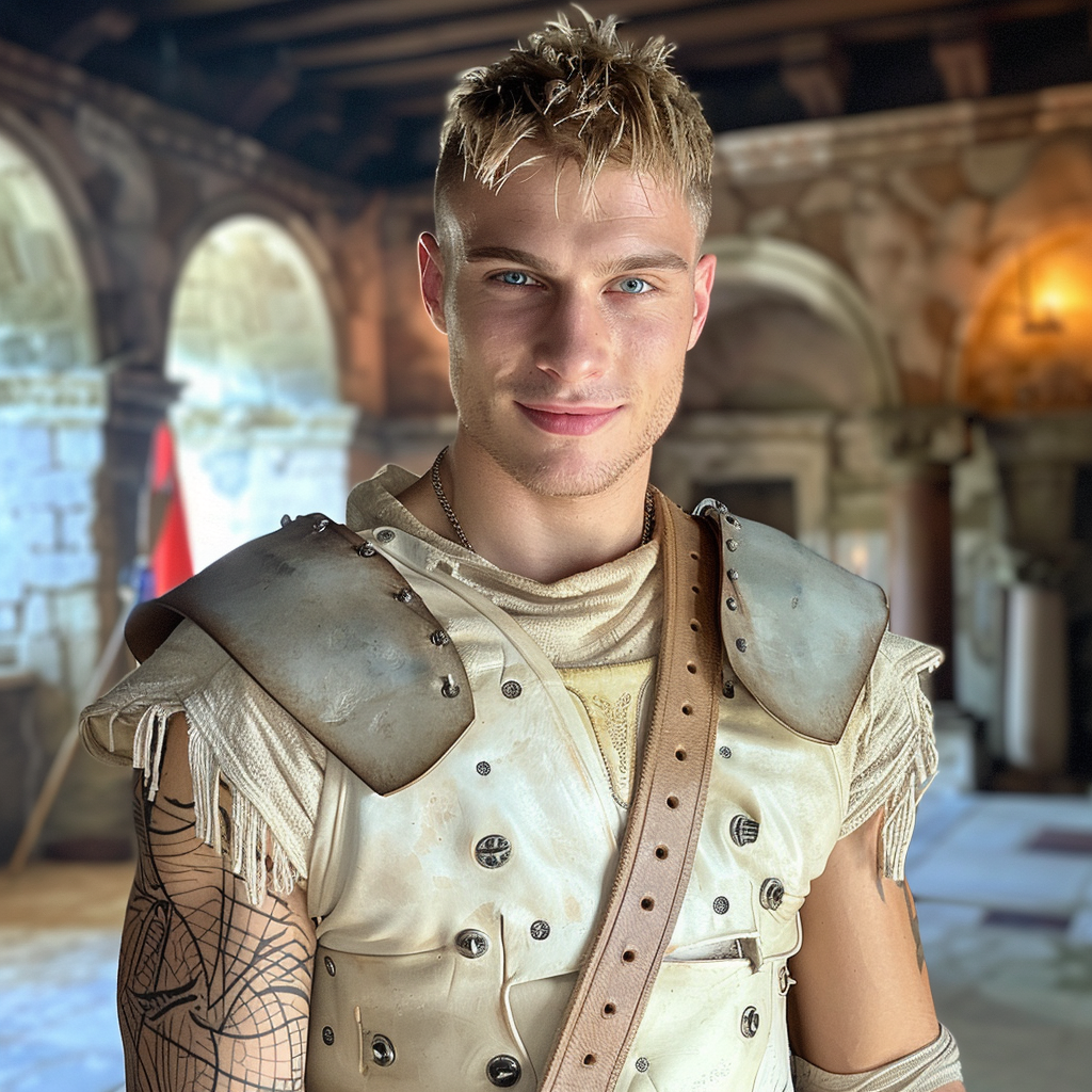 A blonde man with dimples and an arm tattoo smiling in a castle room