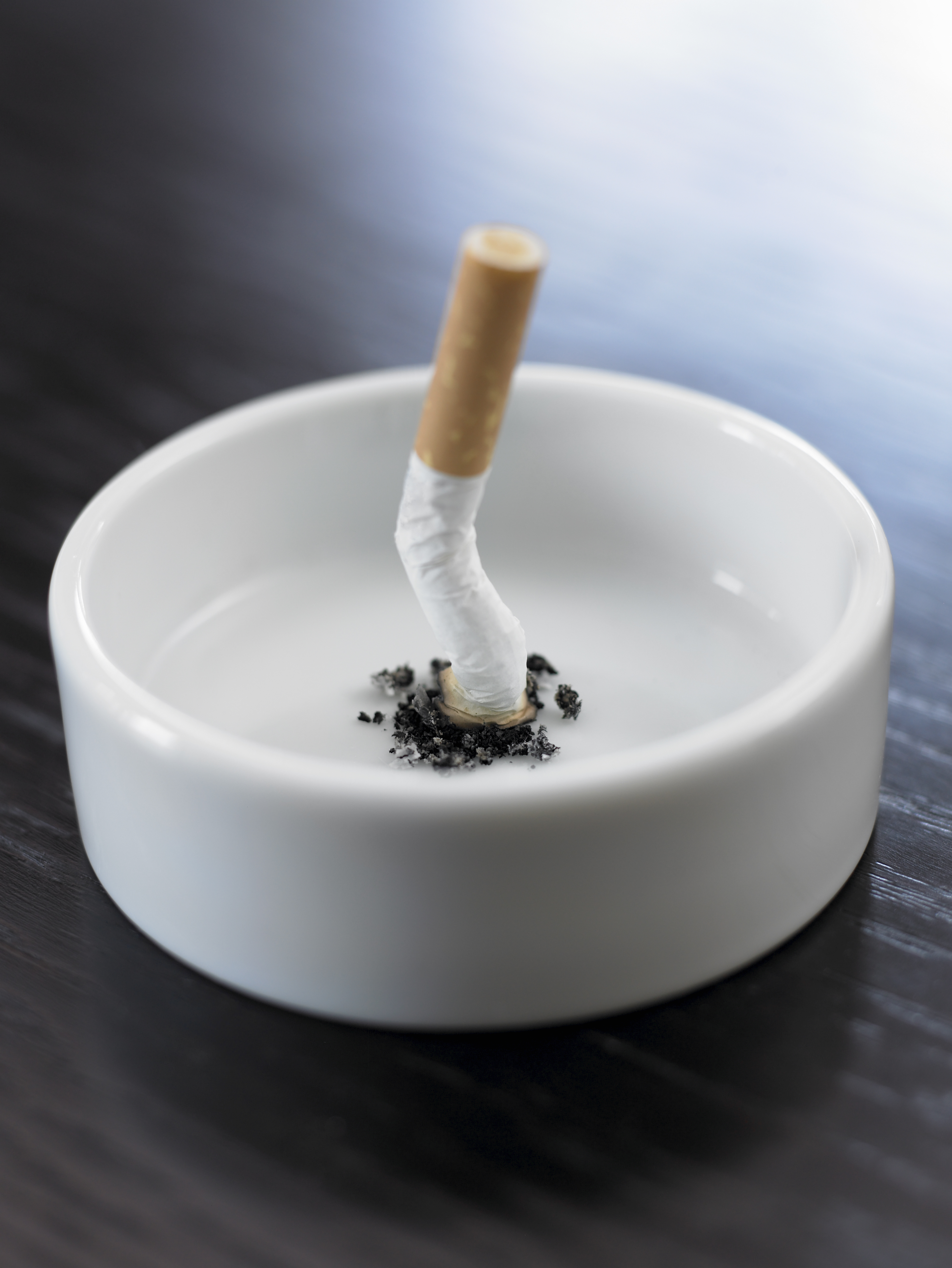 A single cigarette butt extinguished in an ashtray