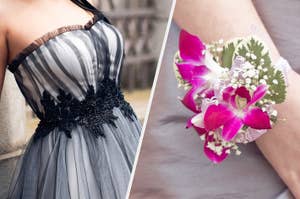 Black and gray dress and a pink corsage.