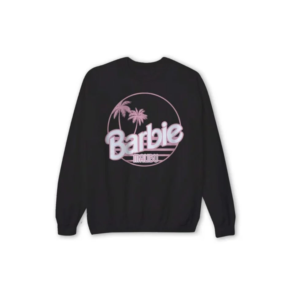 Back of a black sweatshirt with a pink and white &quot;Barbie&quot; logo featuring palm trees
