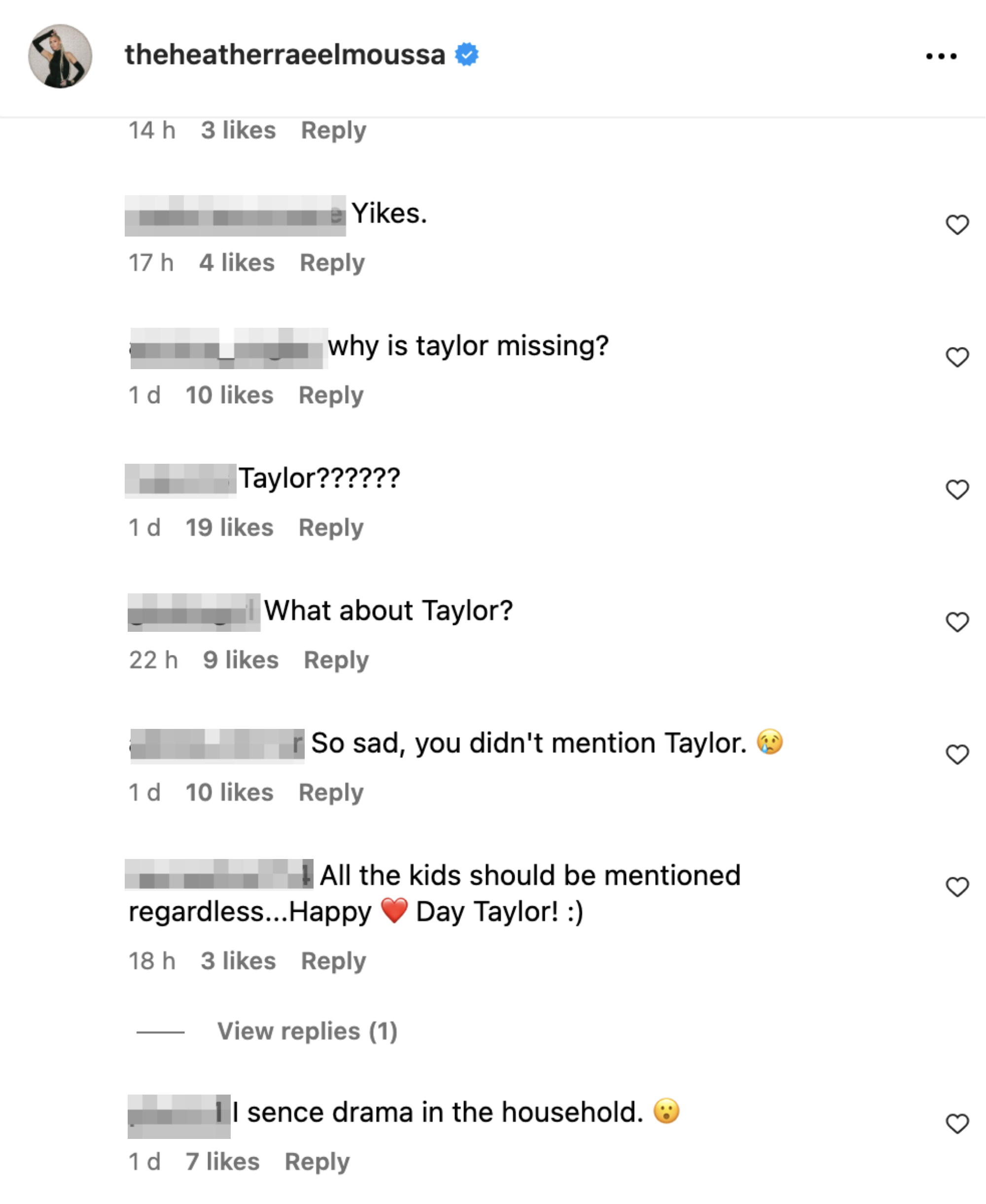 The image shows a screenshot of social media comments concerned about the absence of Taylor from a discussion