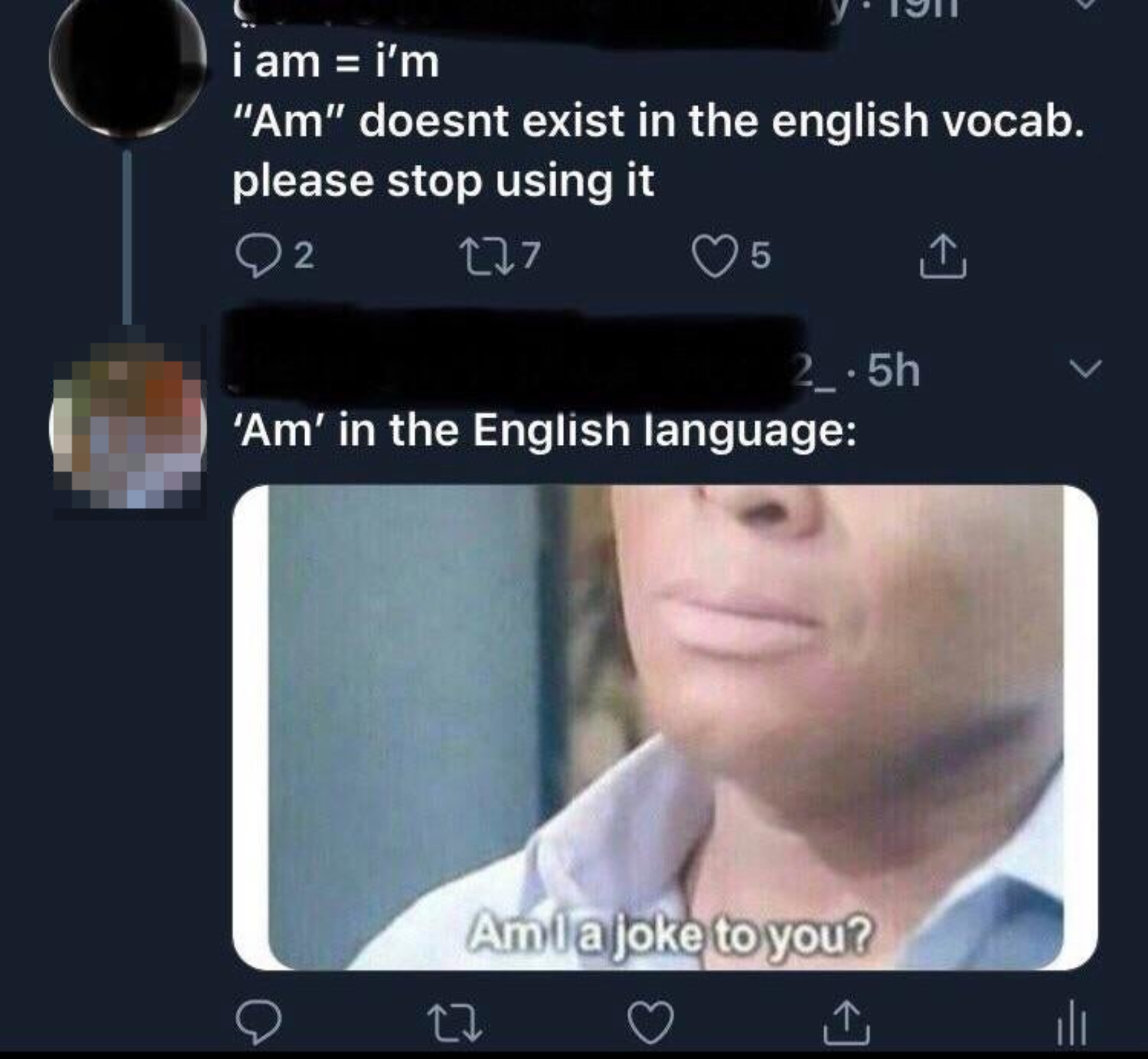 &quot;I am = I&#x27;m; Am doesn&#x27;t exist in the English vocabulary, please stop using it&quot; and a reaction image of a perplexed man captioned, &quot;Am I a joke to you?&quot;