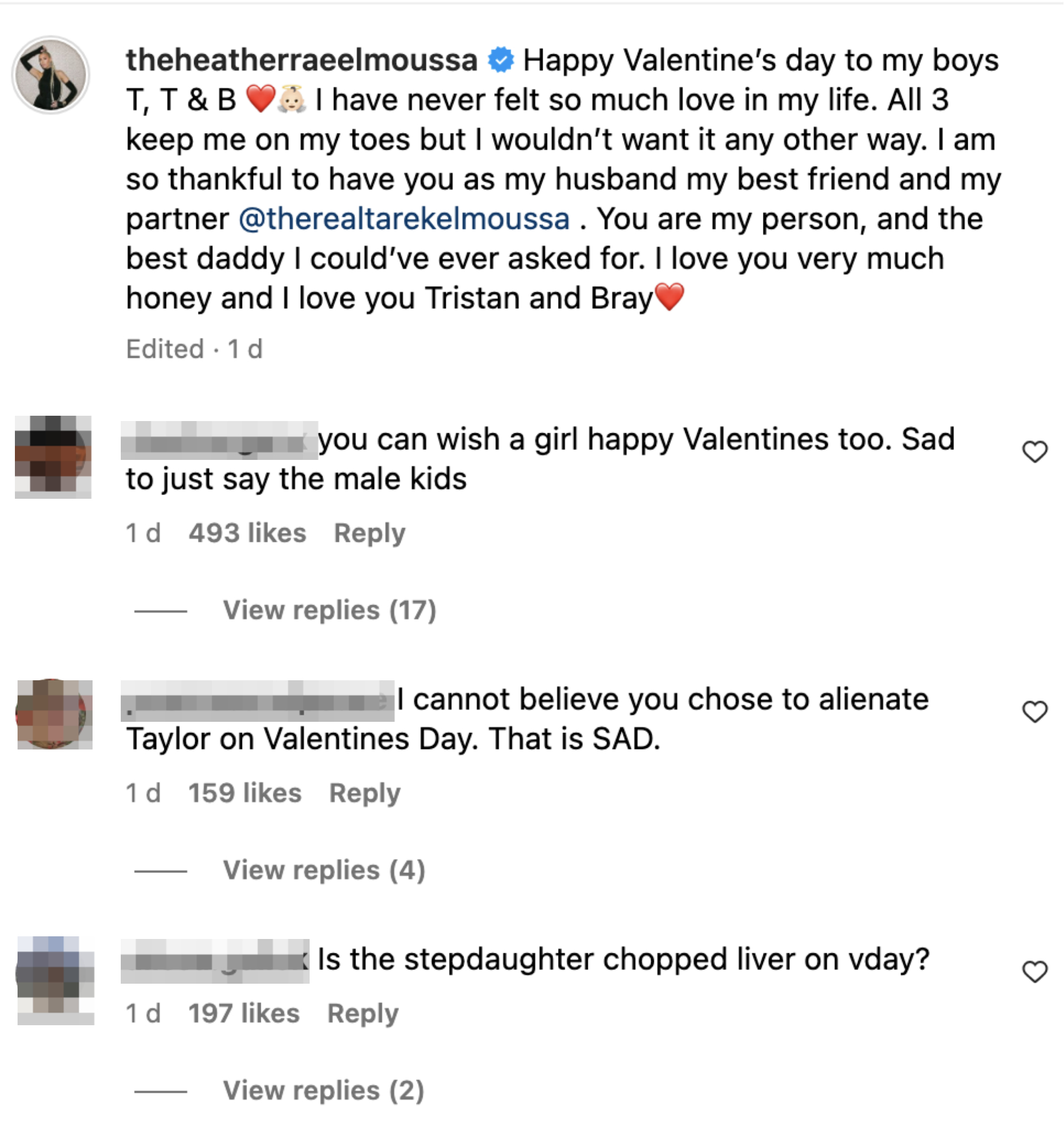 Screenshot of comments calling out Heather for not mentioning her stepdaughter