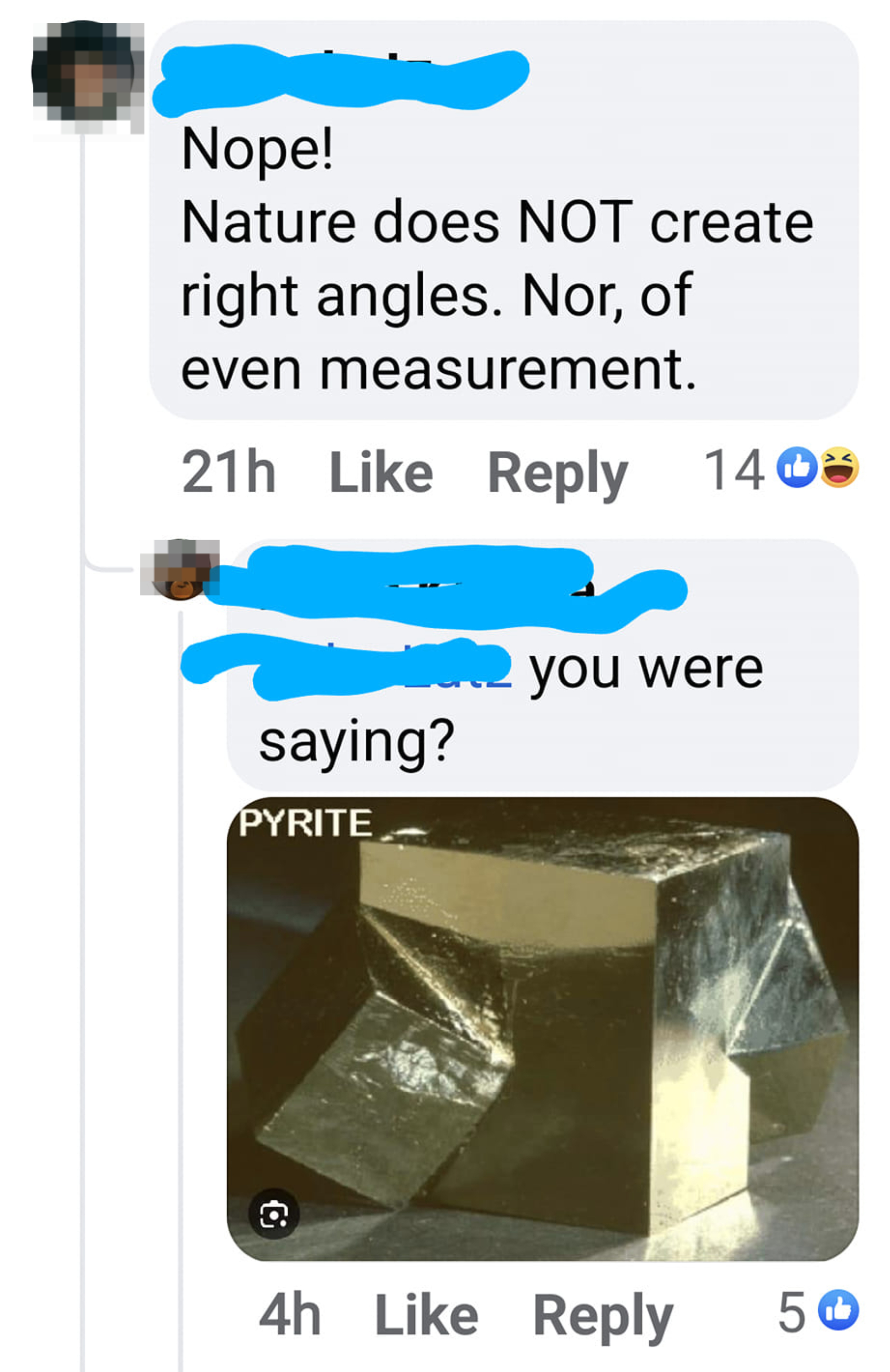A Facebook screenshot showing a comment debate about whether nature creates right angles, with an image of a natural pyrite crystal