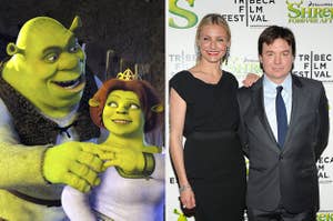shrek and fiona at home in shrek / cameron diaz and mike myers on a red carpet