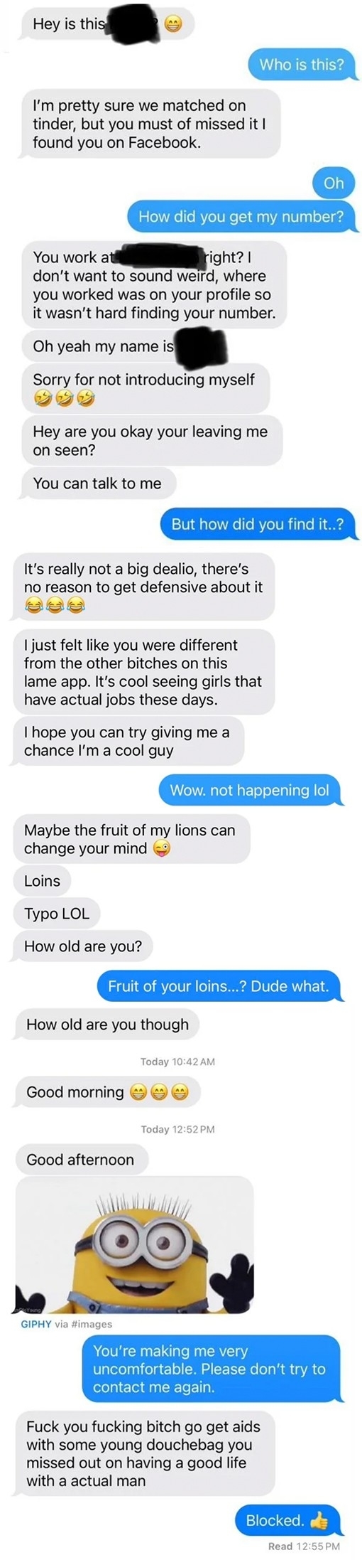 creepy messages from someone who claims to have found the other on a dating app, but won&#x27;t say where they got the other&#x27;s number