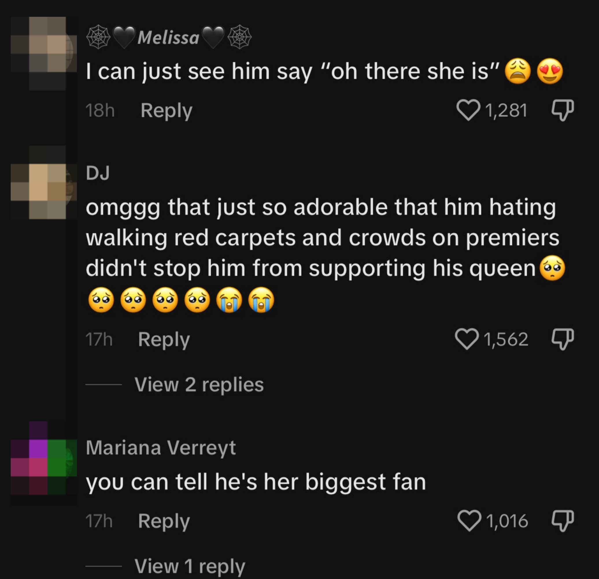 Screenshot of social media comments showing fan support for Tom watching Zendaya at the Dune 2 premiere