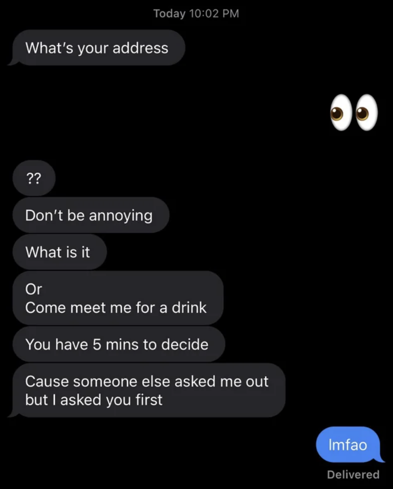 Screenshot of a text conversation where one person persistently asks for the other&#x27;s address asking to meet them for a drink after 10pm