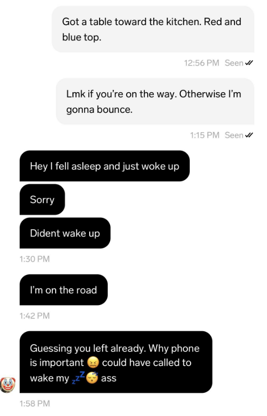 messages showing one person waiting at date spot and other oversleeping and missing it