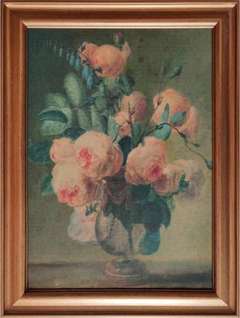 Framed painting of roses in a vase, vintage style, suitable for home decor