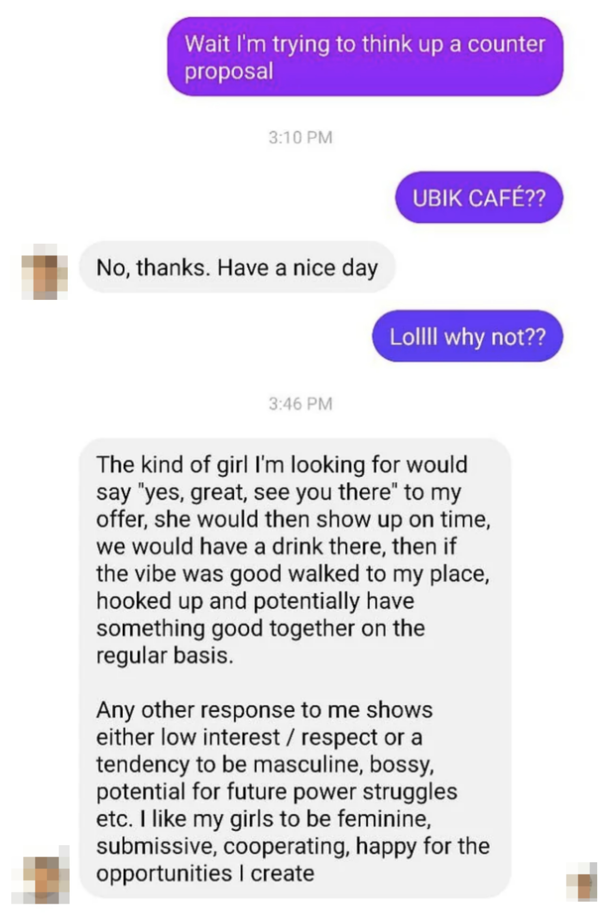person suggests a different date spot and original date suggester cancels and says they&#x27;re looking for someone more submissive