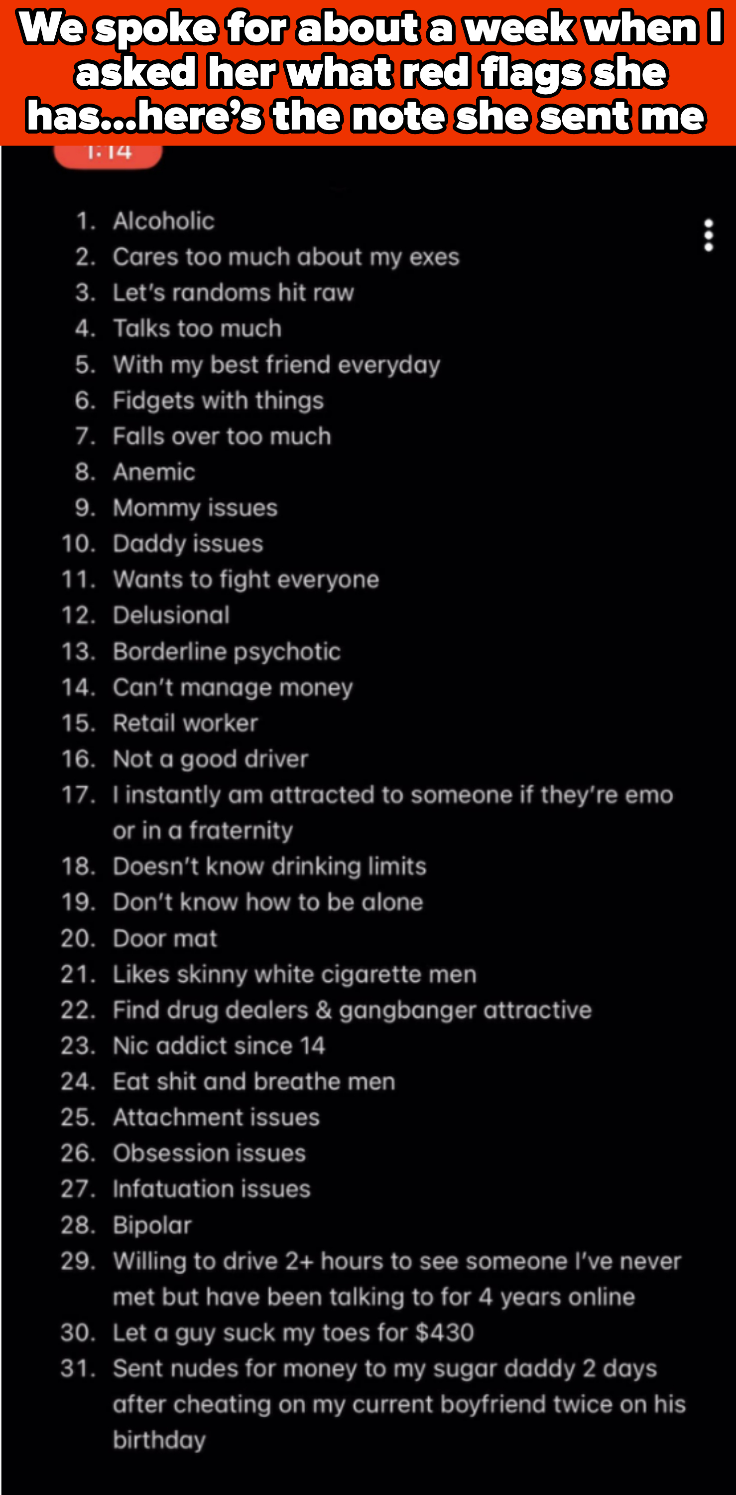 list of red flags including &quot;not a good driver&quot; and &quot;retail worker&quot;