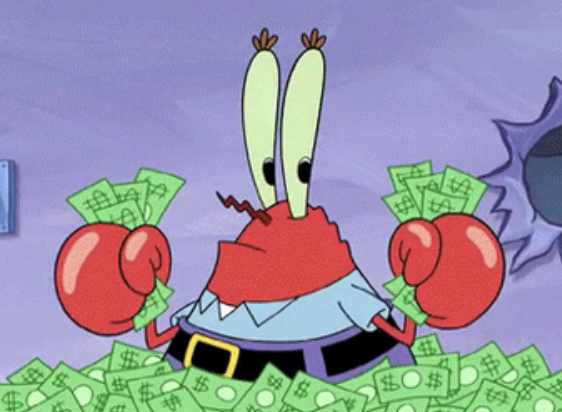 Mr. Krabs from &quot;SpongeBob SquarePants&quot; surrounded by money